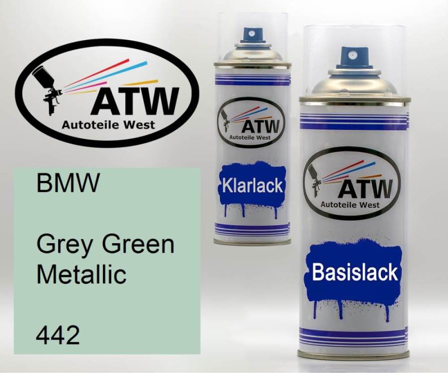 BMW, Grey Green Metallic, 442: 400ml Sprühdose + 400ml Klarlack - Set, von ATW Autoteile West.